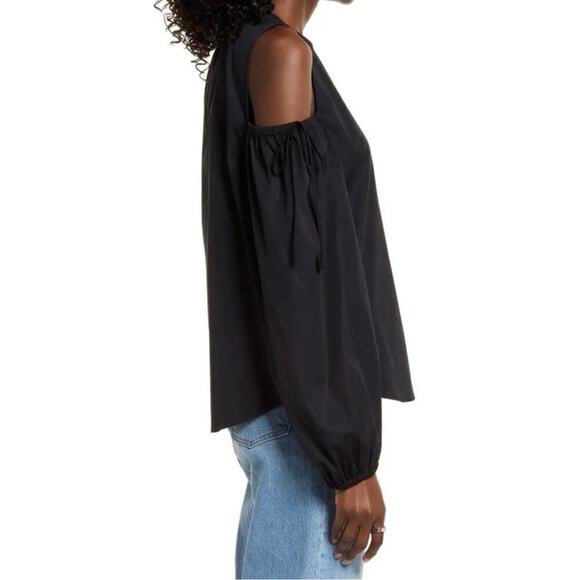 NWT Open Edit Black Cold Shoulder Puff Sleeve Cotton Blouse Top M - Picture 2 of 8